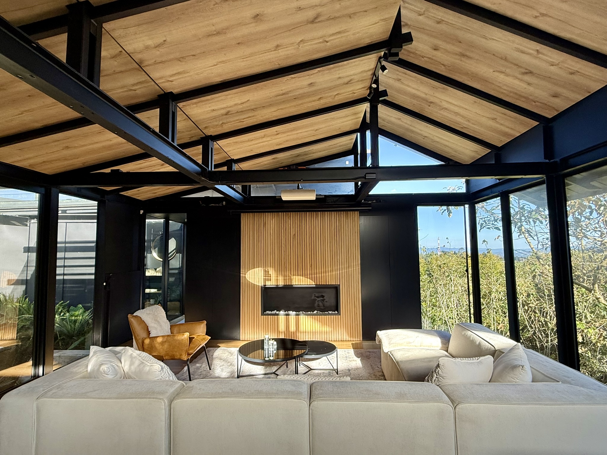 Open living room beneath a timber ceiling and exposed steel beams